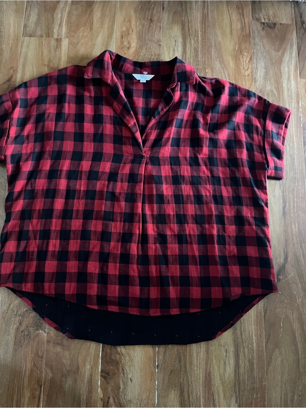 Time and Tru Red and Black Buffalo Plaid Short Sleeve Top
